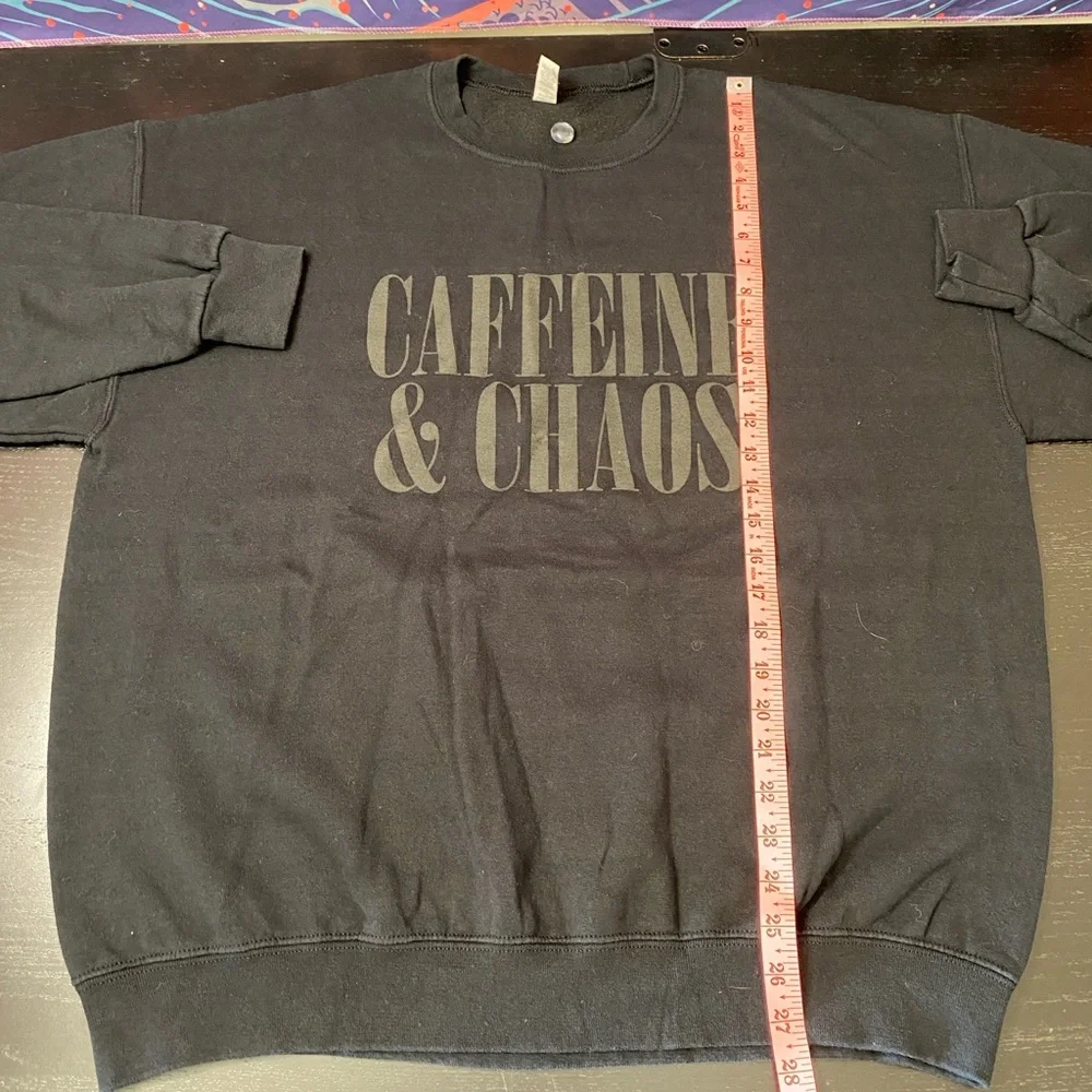 Jerzees Black Crewneck Sweatshirt with Caffeine & Chaos Graphic - Picture 5 of 6
